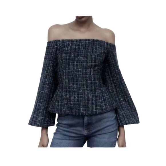 ZARA Navy Tweed Off Shoulder 3/4 Bell Sleeve Cropped Top Blouse Size Small NEW - Picture 3 of 10